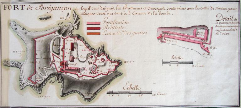 Fort de Brégançon sur lequel sont désignés les bâtimens et ouvrages souterrains avec les cottes de niveau pour indiquer ceux qui sont à l'épreuve de la bombe. [Plan du fort de Brégançon avec détail du plan de la poterne] 1775.