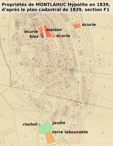 Propriétés de Hypolite Montlahuc en 1839, reportées sur le cadastre de 1839 (section F1). Echelle d'origine 1/1 000e.