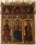 Retable à panneau compartimenté : Vierge à l'Enfant entourée de saint Jean-Baptiste et saint Jean l'Evangéliste, Dieu le Père et Annonciation