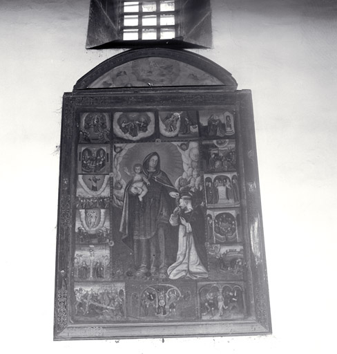 ensemble de 2 tableaux : La Vierge à l'Enfant remettant le rosaire à saint Dominique, saint François d'Assise, les scènes du rosaire ; Dieu le Père