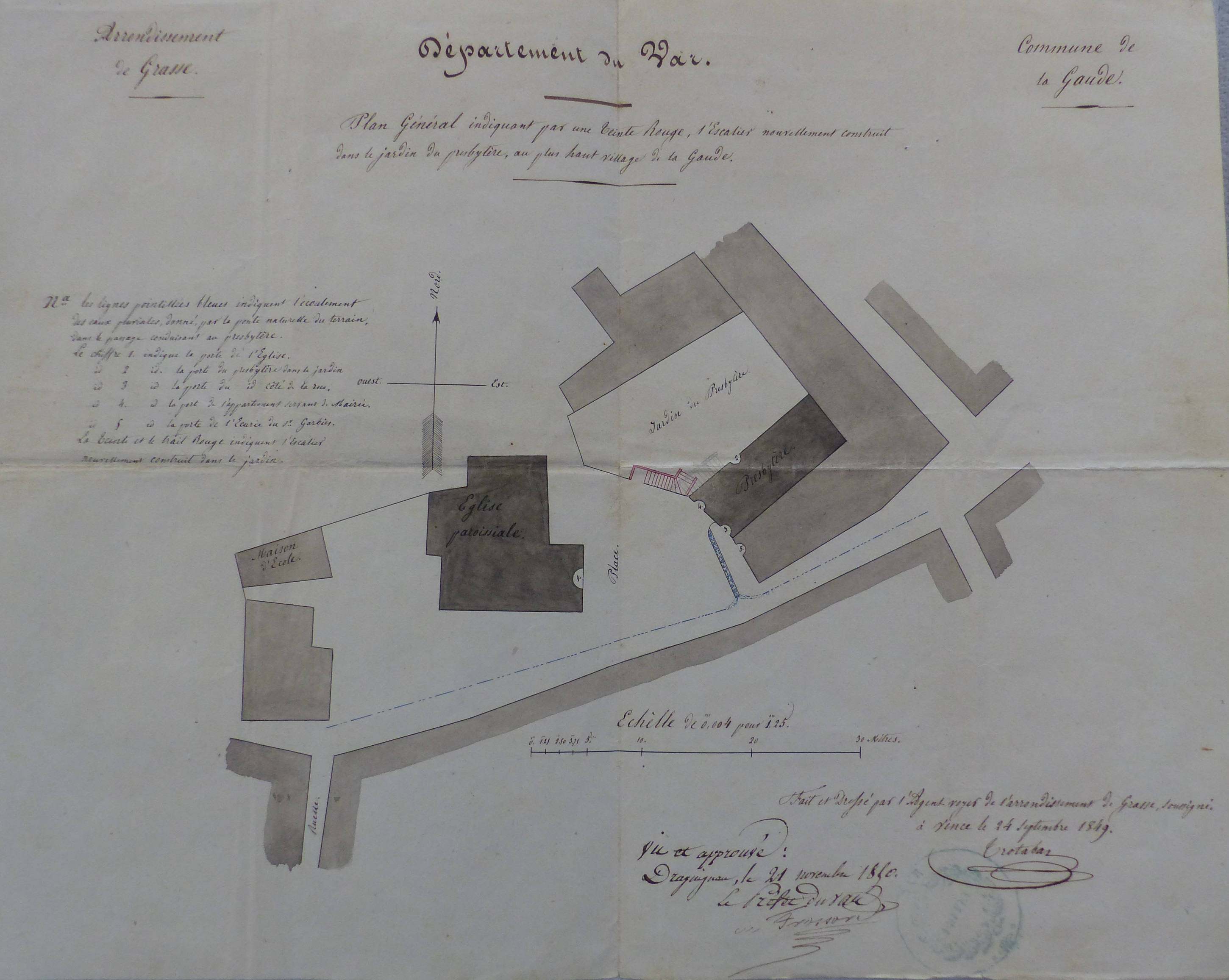 Plan général indiquant par une teinte rouge, l’Escalier nouvellement construit dans le jardin du presbytère, au plus haut village de la Gaude. 