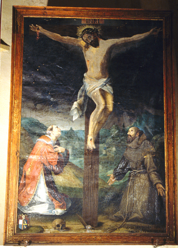 tableau : Le Christ en croix entre saint Laurent et saint François d'Assise