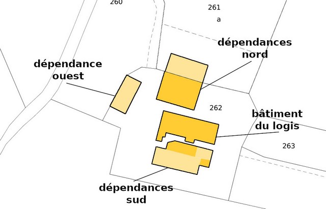 Identification et localisation des ensembles bâtis, reportée sur le cadastre de 2021 (section 000G). Echelle d'origine 1/500e.