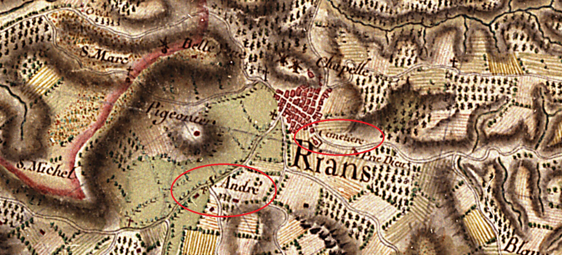 Carte des frontières est de la France, de Grenoble à Marseille, 4e quart 18e siècle. [Détail de la feuille 192-60, S. André ; cimetiere.]