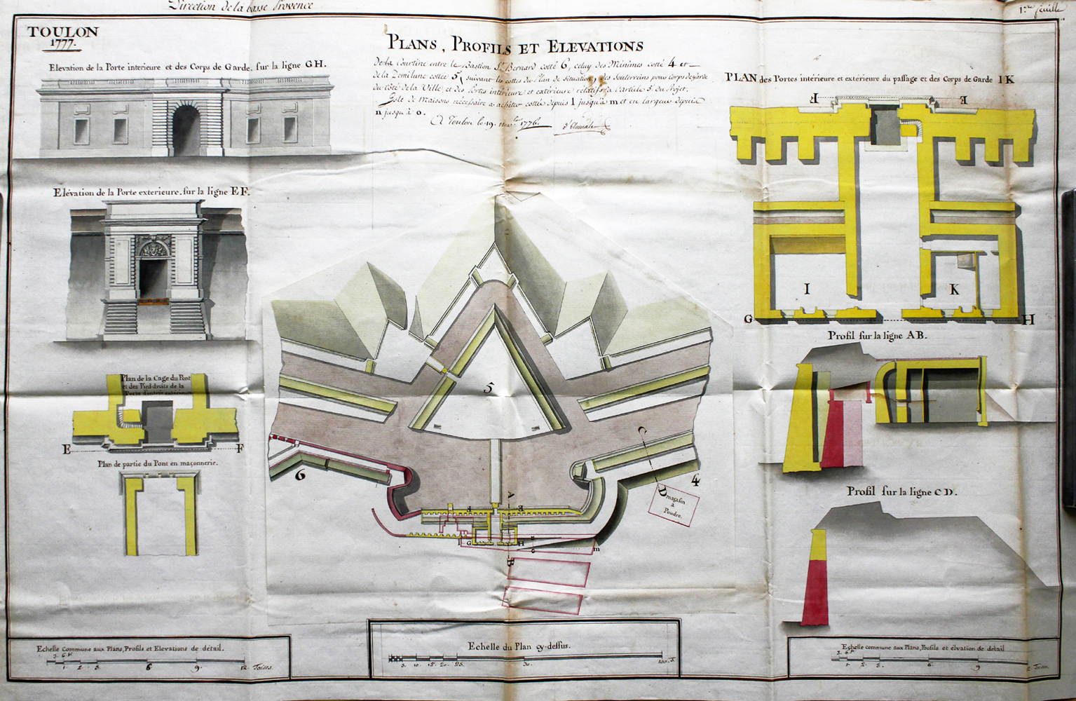Plan, profils et élévations de la courtine entre le bastion St-Bernard [...] et celui des Minimes... 1776.