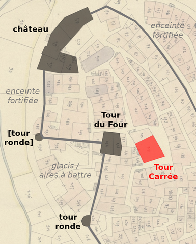 Localisation de la tour dans le contexte de l'enceinte fortifiée (état fin 14e siècle), d'après le cadastre de 1839 (section F1). Echelle d'origine 1/1 000e.