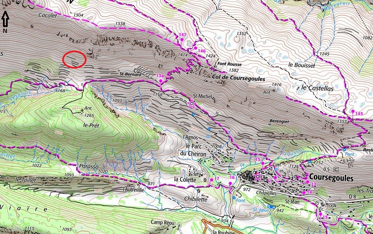 Localisation de l'ensemble agropastoral de Saint-Bernard sur la carte IGN de 2023. Echelle d'origine 1/25 000e.
