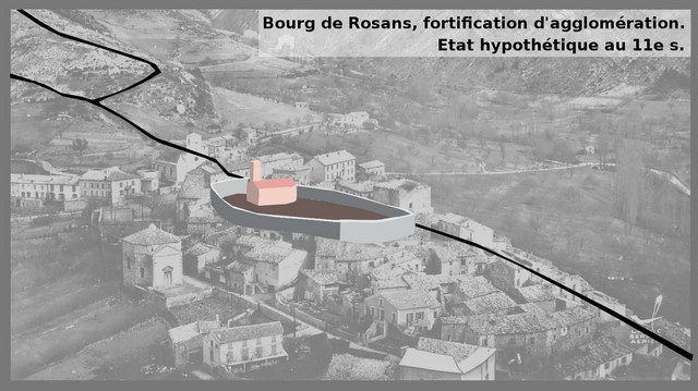 Restitution hypothétique de l'église Saint-Arey et du bourg castral au 11e siècle.