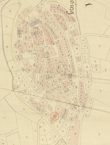 Plan de masse et de situation d'après le plan cadastral de 1839, section F1. Echelle d'origine 1/1000e.