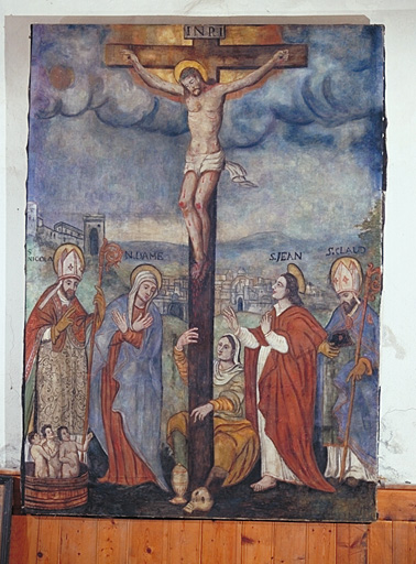 tableau : Christ en croix avec saint Nicolas de Bari, saint Claude, sainte Marie-Madeleine, la Vierge et saint Jean l'Evangéliste