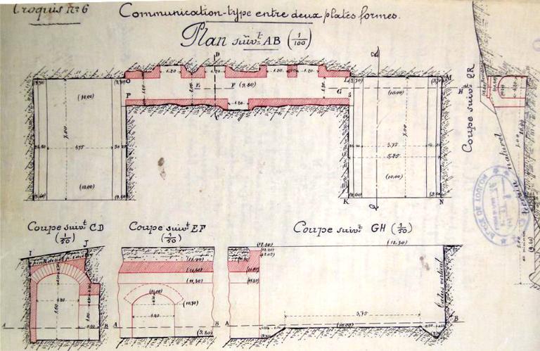 Communication-type entre deux plates formes. Plan suivant AB. [Batterie de l'ouvrage du Gros Cerveau, plan d'une galerie de communication entre plates-formes], 1890.