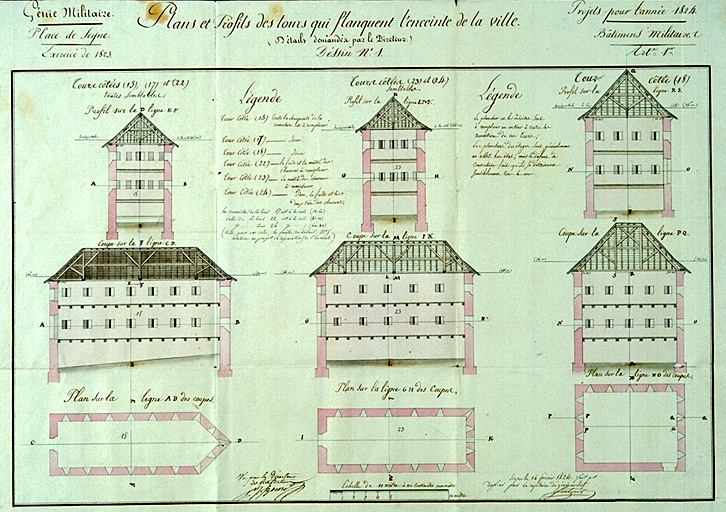 Place de Seyne. Plans et profils des tours qui flanquent l'enceinte de la ville. Projet pour l'année 1824. 1823
