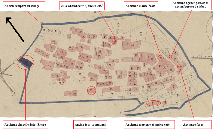Carte 1. - Localisation des principales activités administratives et économiques à l’intérieur de l’ancien rempart, à partir du cadastre napoléonien (section Gu). 