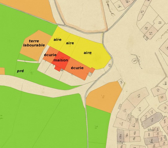 Nature des parcelles, d'après le cadastre de 1839 (sections F1 et F5). Echelle d'origine 1/1 000e.