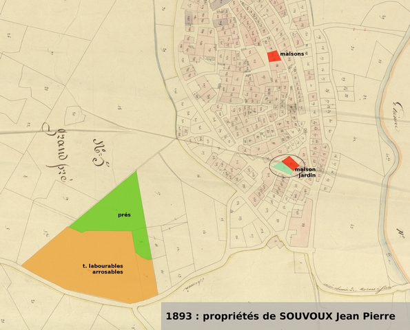 Propriétés de Jean-Pierre Souvoux en 1893, reportées sur le cadastre de 1839 (section F1). Echelle d'origine 1/1 000e.