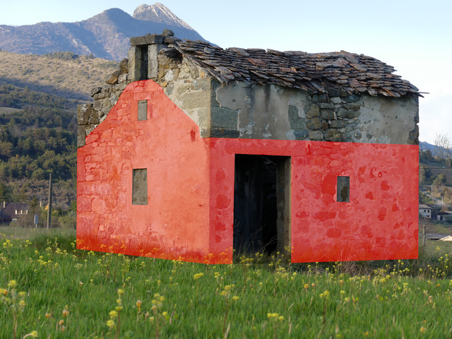 Vue d'ensemble prise du sud-ouest. En rouge, le premier état du bâtiment.