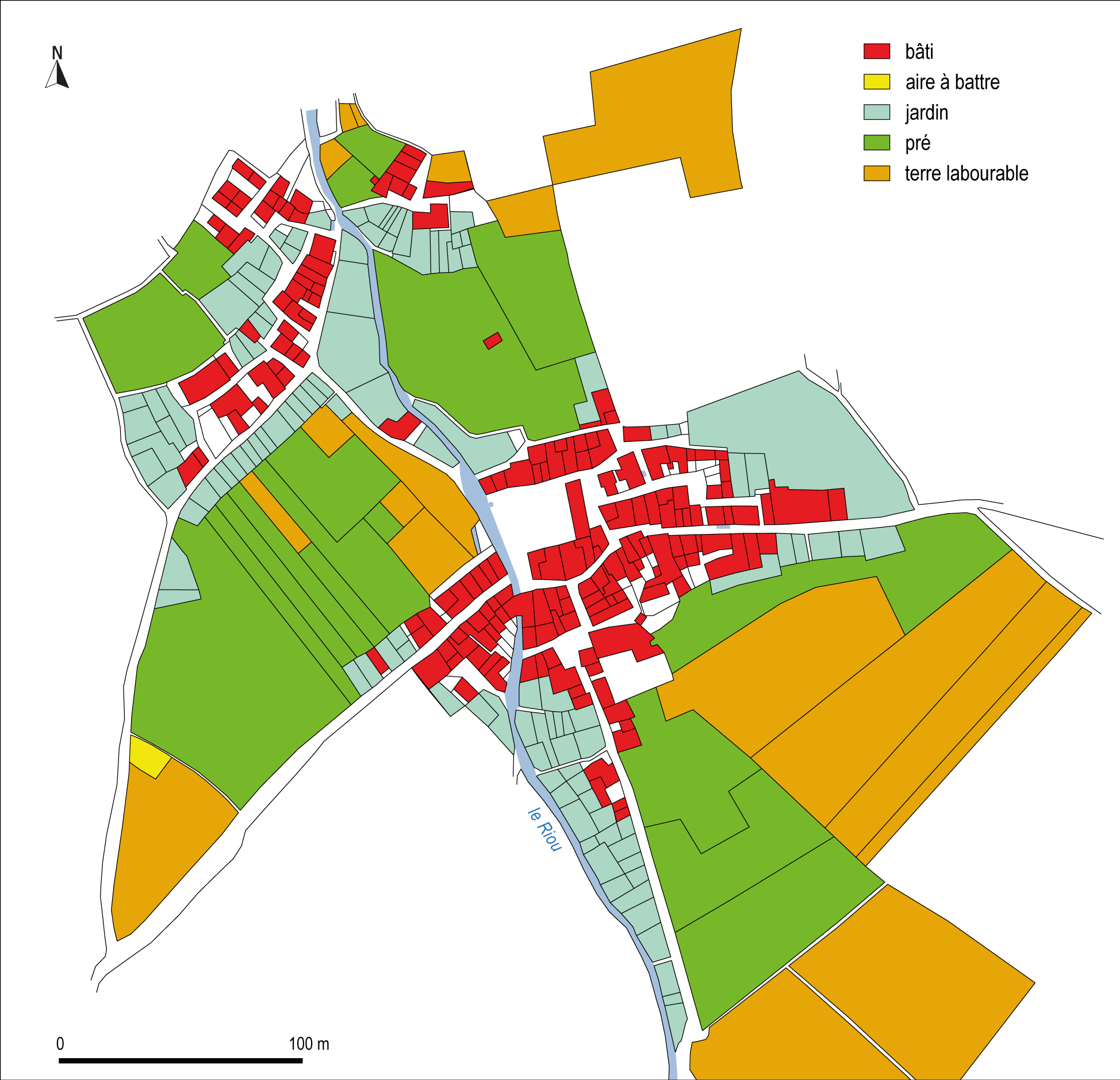 Occupation du sol dans et autour du village, d'après le cadastre de 1827. 