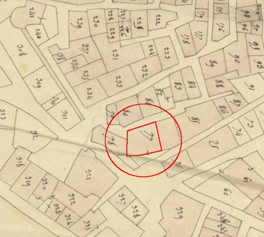 Plan de masse d'après le plan cadastral de 1839, section F1. Echelle d'origine 1/1000e.