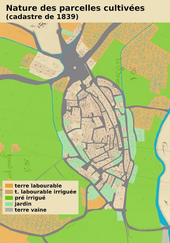 Natures des parcelles cultivées en 1839, reportées sur le cadastre de 1839 (sections F1 et F5). Echelle d'origine 1/1 000e.