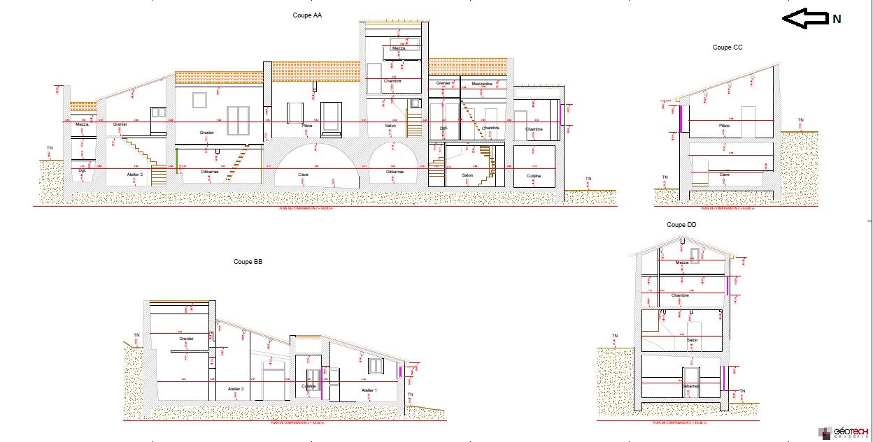 Propriété Fournier. Plan des coupes. Etat des lieux en date du 19/04/2021. Coupe AA ; Coupe BB ; Coupe CC ; Coupe DD.