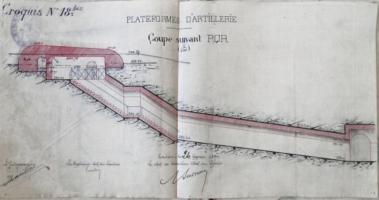 Plateformes d'artillerie. Coupes suivant PQR. [Fort du Pipaudon. Coupe du projet définitif de l'abri de combat Est de la batterie et de son accès aux souterrains.], 24 février 1894.