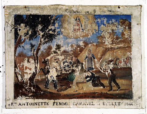 ex-voto, tableau : Femme renversé par une charrette et son chargement, Antoinette Caravel