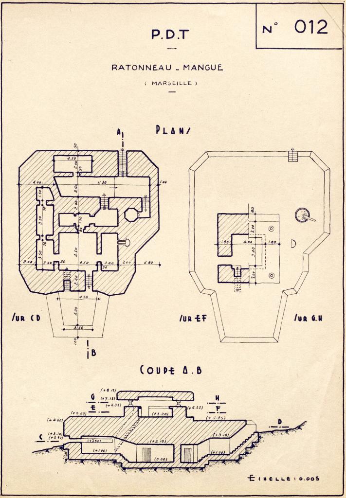 [Plan et coupe du Poste de direction de tir de la batterie allemande Brégantine], 1946.