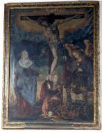 tableau : Le Christ en croix, la Vierge, sainte Marie-Madeleine et saint Michel