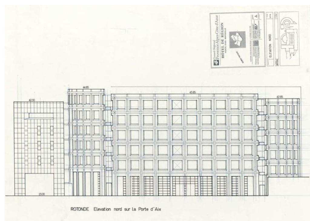 Rotonde. Elévation nord sur la Porte d'Aix, 29 janvier 1988.