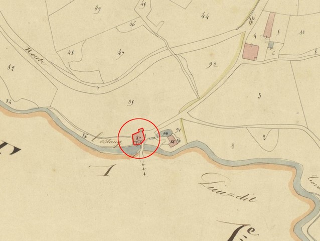 Plan de situation, d'après le cadastre de 1839 (section E1) (version des Archives départementales). Echelle d'origine 1/2 000e.