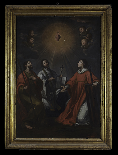 Tableau, cadre : Adoration du Sacré-Cœur par saint Laurent, saint Ignace et saint Jacques (?)