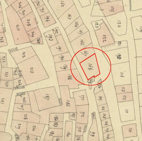 Plan de masse d'après le plan cadastral de 1839, section F1. Echelle d'origine 1/1000e.