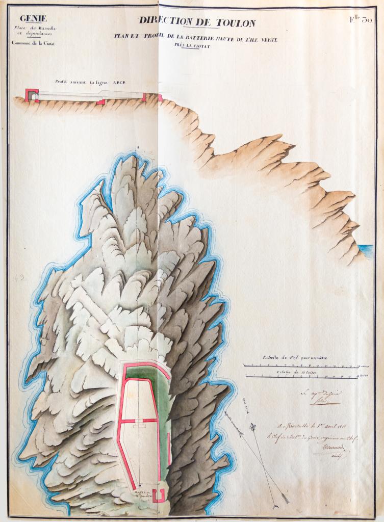 Plan et profil de la batterie haute de l'île Verte près La Ciotat,1818.