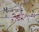 Cartes des frontières Est de la France, de Colmars à Marseille. [Détail de la feuille 195-22 : village de Moriez, avec les quatre tours d'angle du Vieux Château, par ailleurs protégé par une muraille ponctuée de trois tours].