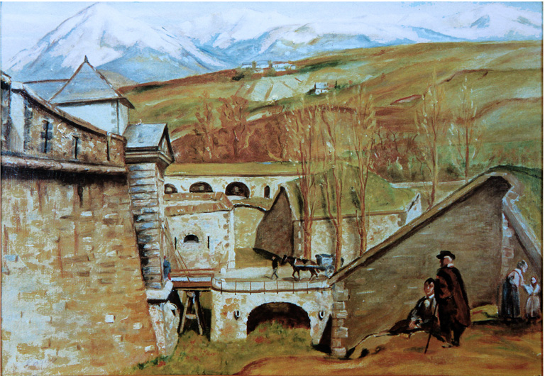 [Vue extérieure de la porte de Briançon, avec bastion et contregarde 3.], vers 1870.