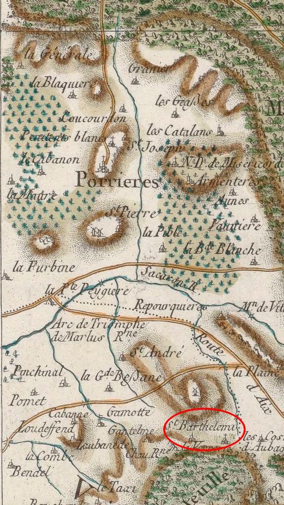 Carte de France dite carte de Cassini, 3e quart 18e siècle [St Barthelemi, Pourrières].