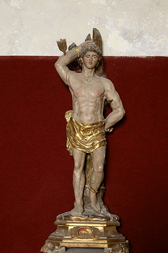 Statue (petite nature avec socle-reliquaire) : saint Sébastien