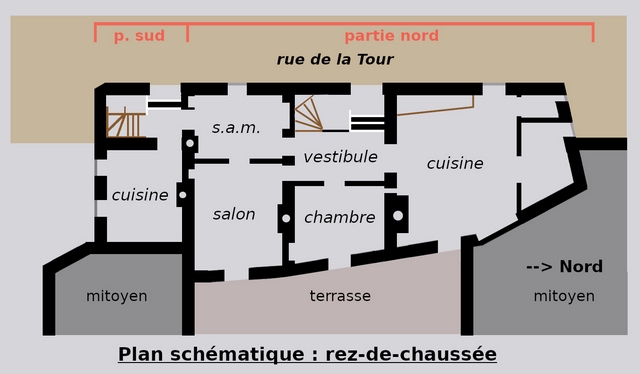 Plan schématique du bâtiment : rez-de-chaussée surélevé.