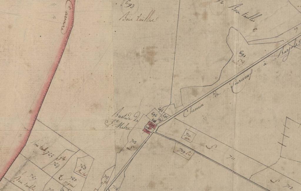 Plan de masse et de situation de la bastide de Saint-Mitre d'après le cadastre de 1811 (section A, parcelles 699 à 701).