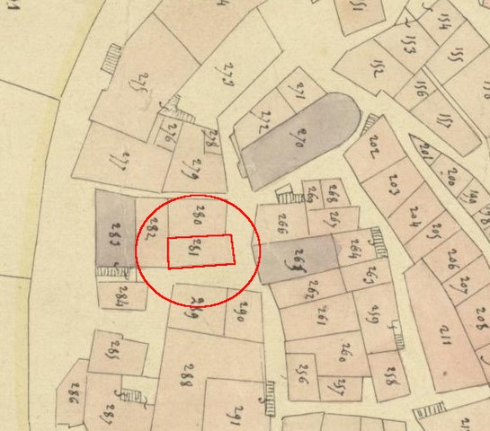 Plan de masse d'après le plan cadastral de 1839, section F1. Echelle d'origine 1/1000e.