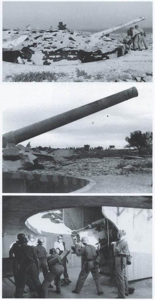 [Trois vues de détail des pièces d'artillerie de 138mm en cuves camouflées de la batterie de la Couronne], 1944.