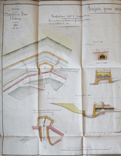 Génie. Direction et place d'Embrun. Projet pour 1836. Fortifications article 3. Courtine (24-34). Pour construire un bastion à flancs casematés sur le saillant de (34). [Plan de projet du bastionnet en capitale de la tour 34], 1835.