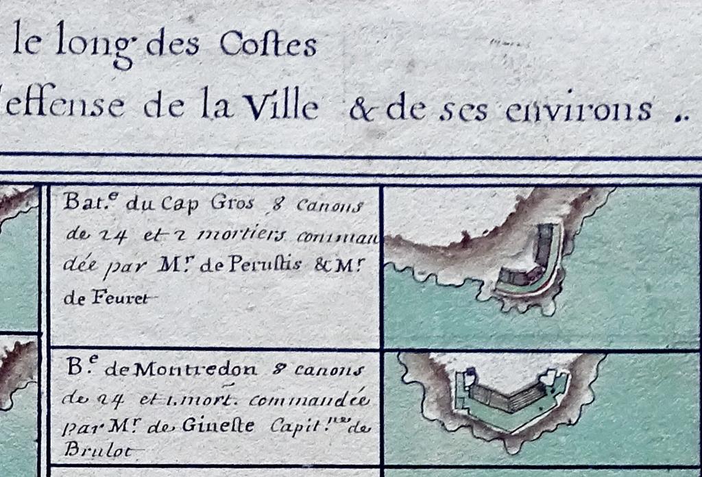 Plan des batteries de canons & de mortiers faites le long des costes de Marseille & des Isles [...] pour la deffense de la Ville & de ses environs, 1695. Détail : batteries du Cap Gros et de Montredon. 