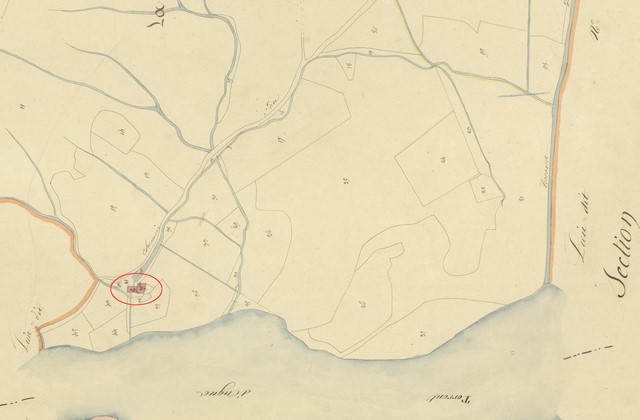 Plan de situation, d'après le cadastre de 1839 (section G7) (version des Archives départementales). Echelle d'origine 1/2 000e.