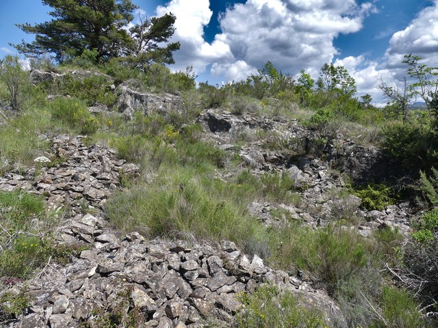 Front de taille d'une calcaire de grès et pierriers de déchets, colline de Saint-Etienne.