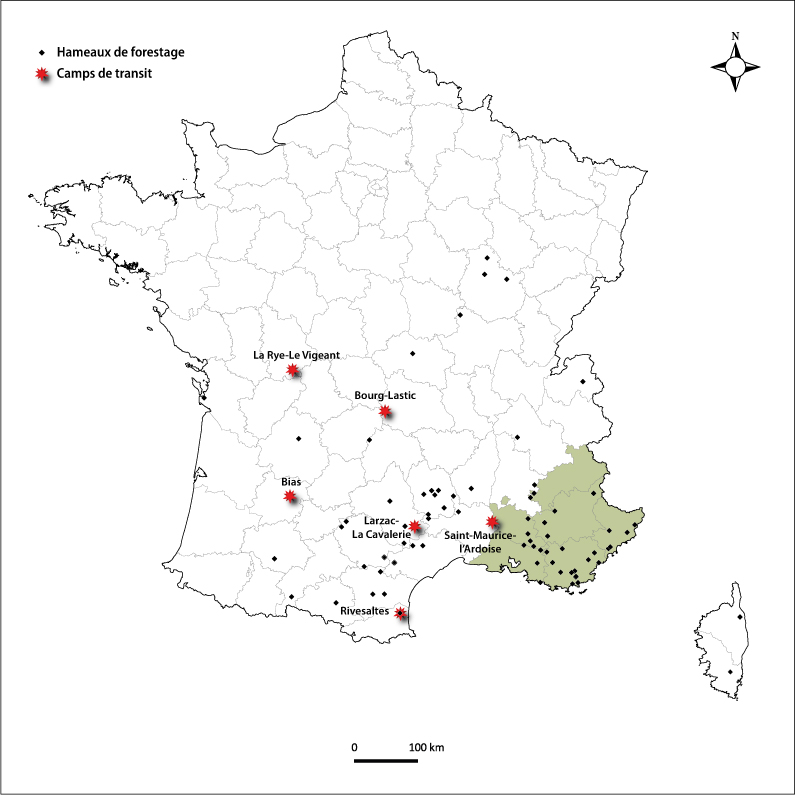 Carte de localisation des camps de transit et des hameaux de forestage en France.