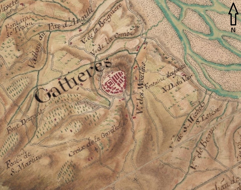 Cartes des frontières Est de la France, de Colmars à Marseille. [Détail de la feuille 194-8 : village de Gattières, 1764-1778].