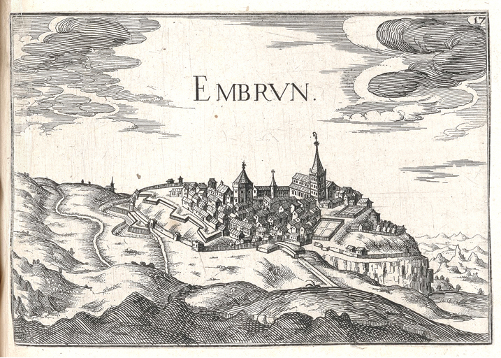 Embrun. [Vue en perspective de la ville]. 1634.