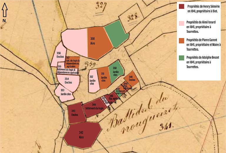Répartition foncière et nature des propriétés de l'écart de Nougueiret en 1841. Dessin numérique réalisé à partir du cadastre napoléonien de 1841.