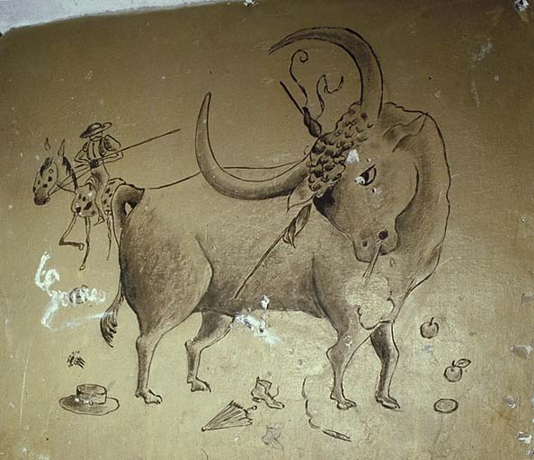 Caserne, chambre de troupe du rez-de-chaussée. Peinture murale : scène de corrida avec picador.